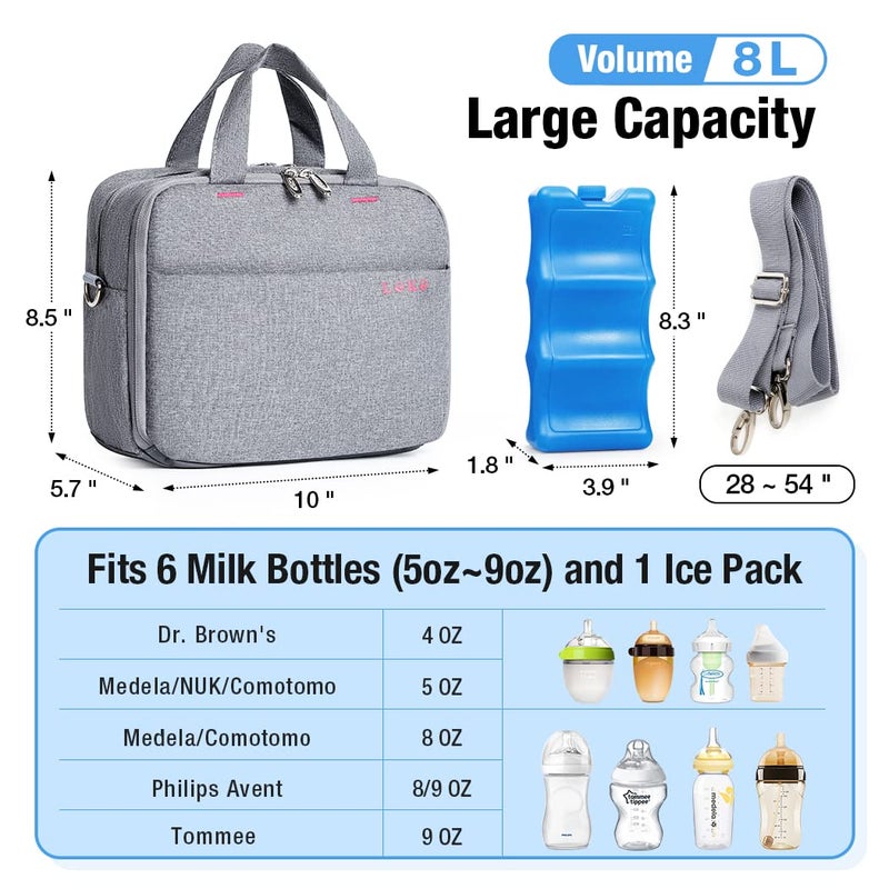 Lekebaby Baby Bottle Bag with Ice Pack Fits 6 Bottles 9 Oz Bottles, Leakproof Breastmilk Cooler Bag for Nursing Mom Daycare, Grey - Image 3