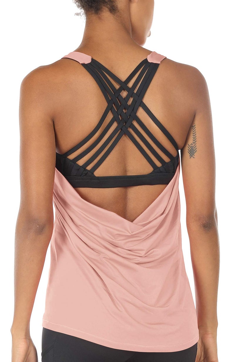 icyzone Yoga Tops Workouts Clothes Activewear Built in Bra Tank Tops for Women (L, Pale Blush) - Image 1