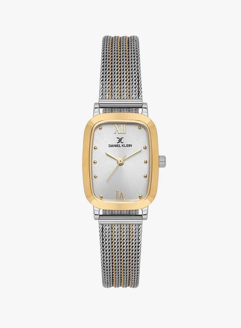 DANIEL KLEIN Women's Mesh Band Silver and Gold Alloy Case Analog Silver Square Sunray Dial Japanese Quartz Premium 30 Meters Water Resistant