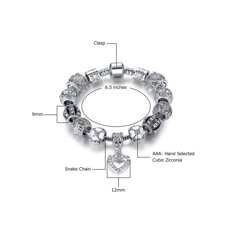 Savlano Silver Tone Heart Charm Bracelet with Crystal and Murano Glass Beads Snake Chain for Women Comes in a Gift Box - Image 2