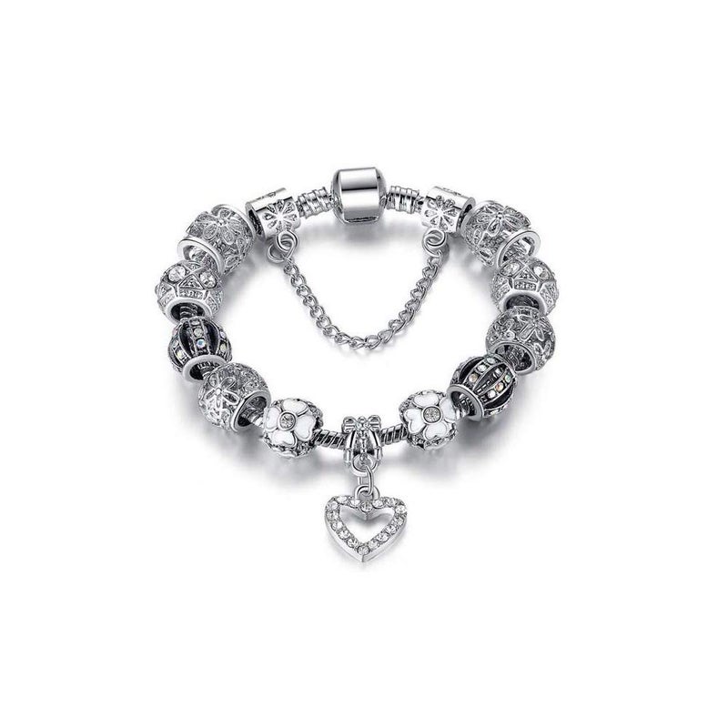 Savlano Silver Tone Heart Charm Bracelet with Crystal and Murano Glass Beads Snake Chain for Women Comes in a Gift Box - Image 1
