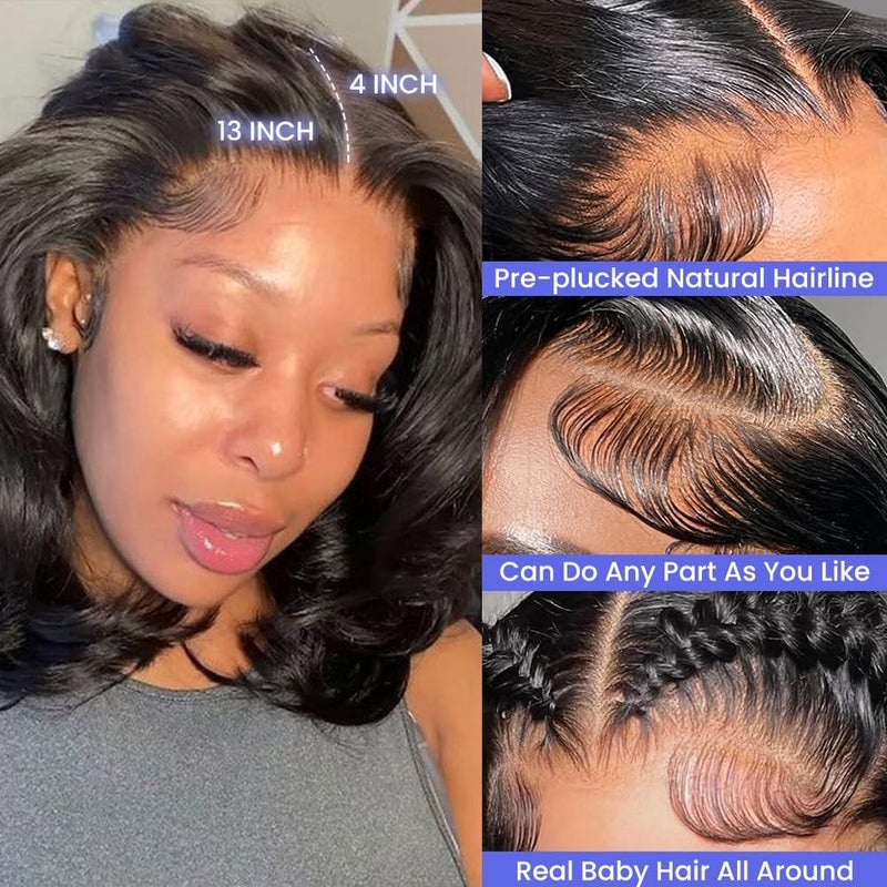FASCARA Bob Wig Human Hair 13x4 Lace Frontal Body Wave HD Transparent Lace Front Wigs Human Hair 180% Density Pre Plucked with baby hair Glueless Short Bob Wigs for Women Natural Color 12 Inch - Image 2