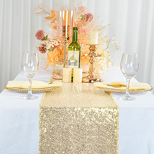 ShiDianYi Sequin Table Runner  Light Gold 14x108Inch Sequence Sparkly Table Cover for Bridal Showers  Parties
