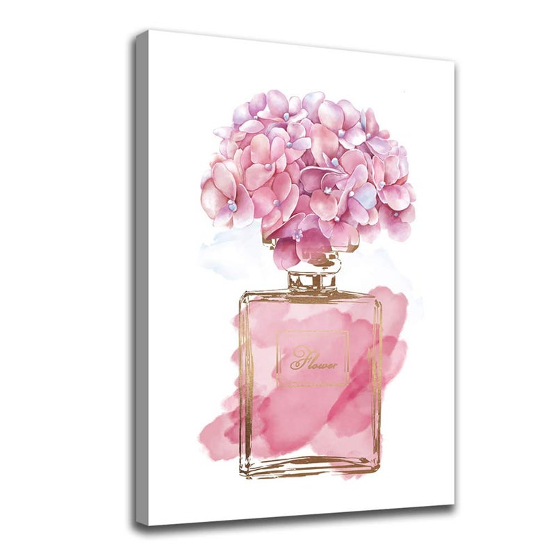 tigeridge Pink Flowers Wall Art Fashion Canvas Pictures Girls Bedroom Wall Decor Watercolor Hydrangea Contemporary Canvas Artwork Botanic Perfume Bottle Living Room Bathroom Decor Framed Ready to Hang 20 x 28 - Image 2