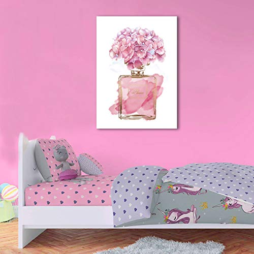 tigeridge Pink Flowers Wall Art Fashion Canvas Pictures Girls Bedroom Wall Decor Watercolor Hydrangea Contemporary Canvas Artwork Botanic Perfume Bottle Living Room Bathroom Decor Framed Ready to Hang 20 x 28 - Image 3