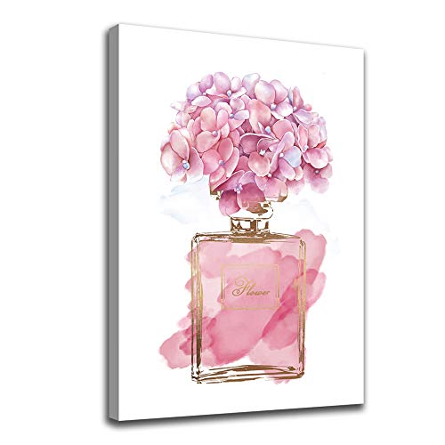 tigeridge Pink Flowers Wall Art Fashion Canvas Pictures Girls Bedroom Wall Decor Watercolor Hydrangea Contemporary Canvas Artwork Botanic Perfume Bottle Living Room Bathroom Decor Framed Ready to Hang 20 x 28 - Image 1