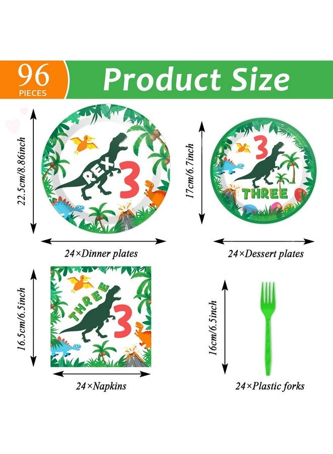 تفكس جيه 96 قطعة من لوازم عيد الميلاد الثالث على شكل ديناصور لثلاثة أشخاص، مجموعة أدوات مائدة لعيد ميلاد ريكس، 3 أطباق عشاء تي ريكس للاستخدام مرة واحدة، أطباق حفلات للأطفال بعمر 3 سنوات، مناديل وشوك للأولاد والأطفال، ثلاثة هدايا حفلات ديناصور ريكس لـ 24 ضيفًا - Image 2