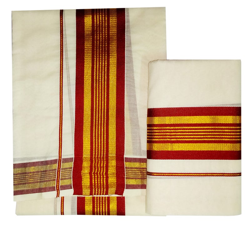 YETTALAN® Women's Kerala Traditional Cotton Set Mundu Cream Color with Fancy Border (MAROON) - Image 2