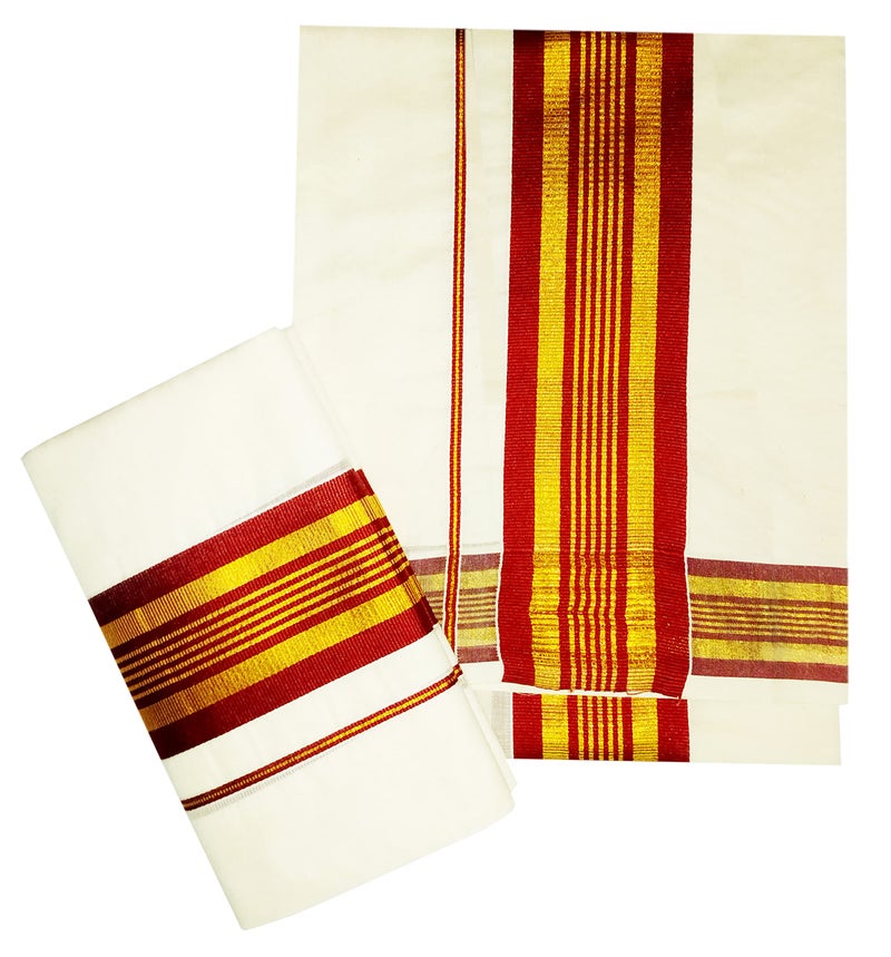 YETTALAN® Women's Kerala Traditional Cotton Set Mundu Cream Color with Fancy Border (MAROON) - Image 5