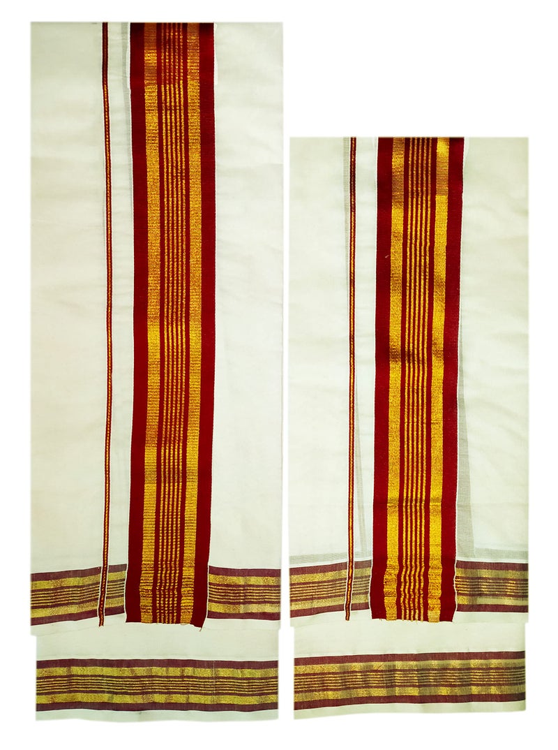YETTALAN® Women's Kerala Traditional Cotton Set Mundu Cream Color with Fancy Border (MAROON) - Image 3