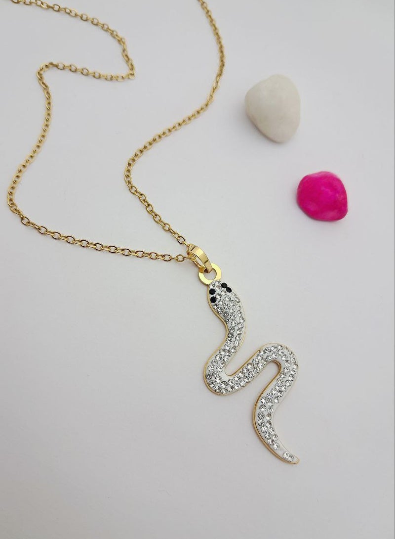 The Black Pearl Accessories White Zirconic Snake Stainless Steel Pendant Necklace - Image 1