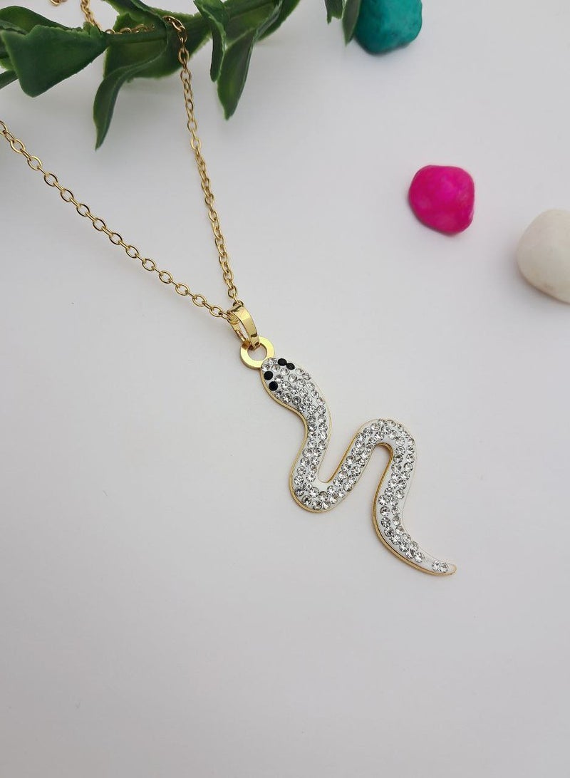 The Black Pearl Accessories White Zirconic Snake Stainless Steel Pendant Necklace - Image 3