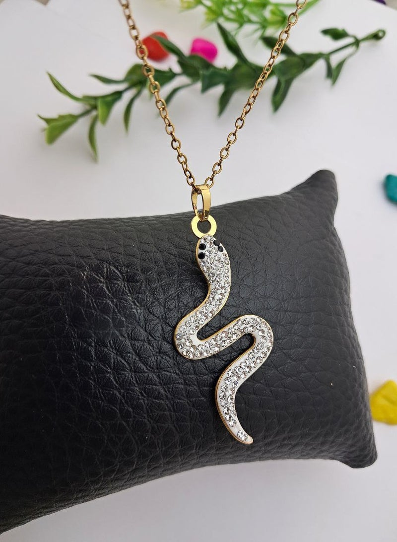 The Black Pearl Accessories White Zirconic Snake Stainless Steel Pendant Necklace - Image 4
