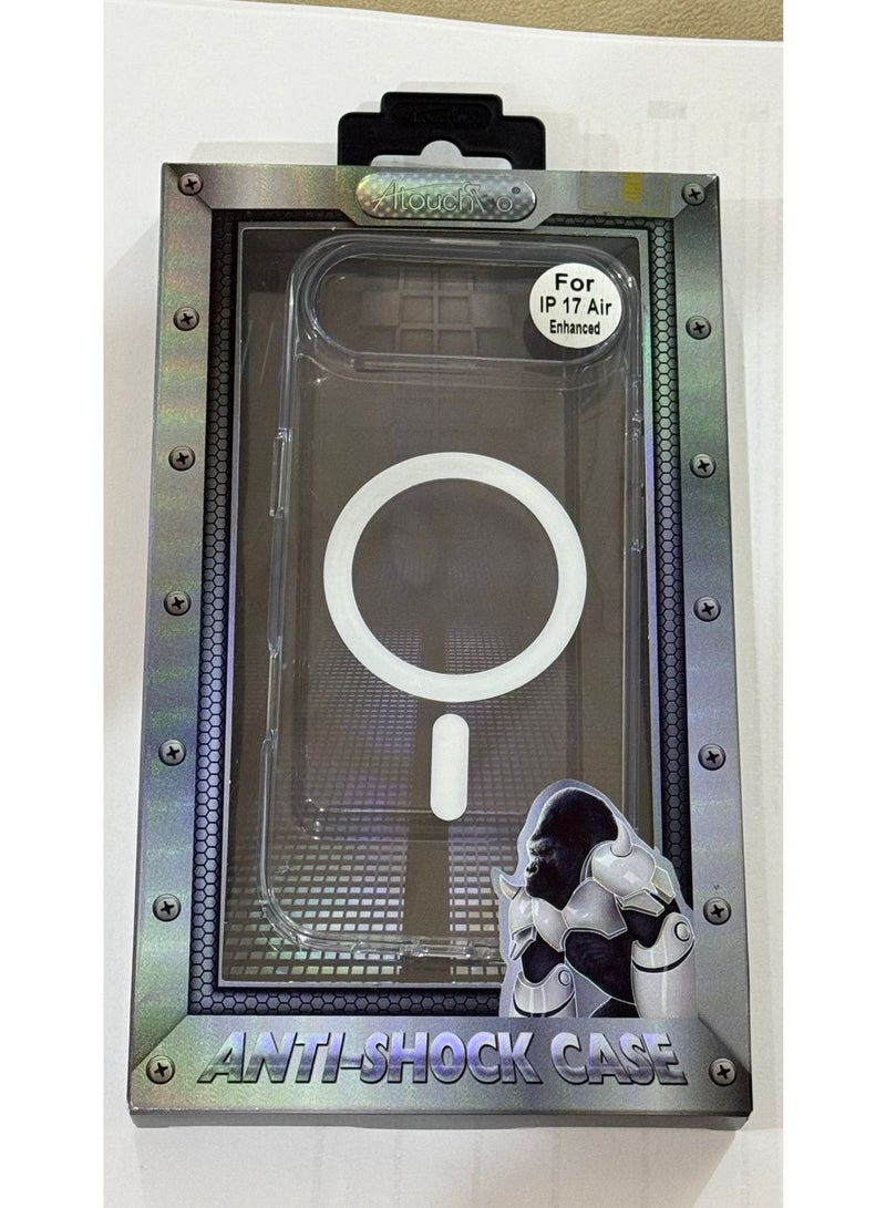 Atouchbo iPhone 17 Air Clear shockproof case with built-in magnetic ring for car mounts and magnetic holders Elegant lightweight cover with anti-yellowing protection. A premium clear phone case made of soft TPU and hard PC for strong protection against drops, bumps, and scratches. Comes with a magnetic ring holder, allowing perfect compatibility with magnetic car mounts and stands. Anti-yellowing coating keeps the case crystal clear for a long time.