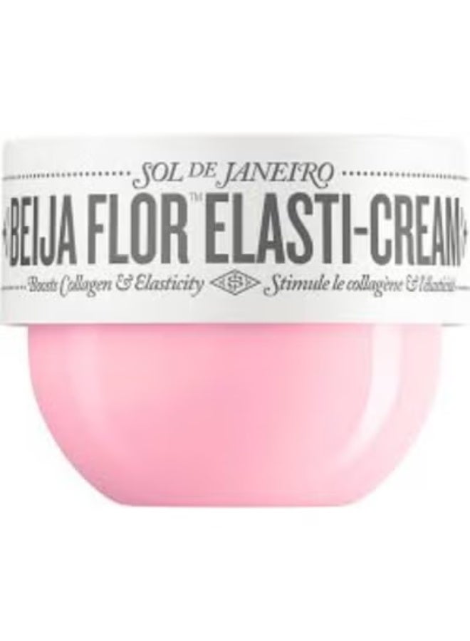 Sol de Janeiro Beija Flor Elasti-Cream كريم مرطب لشد ومرونة البشرة يحتوي على الكولاجين، بعبوة دائرية وردية ، حجم متوسط مناسب للاستخدام اليومي على الجسم.