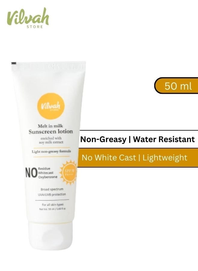Melt In Milk Sunscreen Lotion SPF 50 PA+++ | No whitecast, residue and oxybenzone | Water Resistant and Acne Safe | enriched with soy milk extract - 60 ml