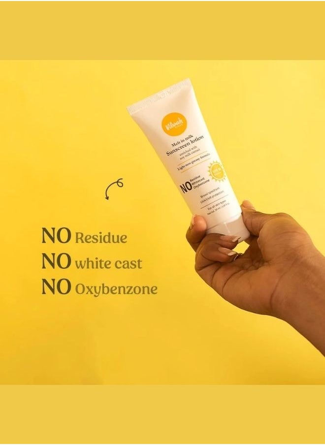 Melt In Milk Sunscreen Lotion SPF 50 PA+++ | No whitecast, residue and oxybenzone | Water Resistant and Acne Safe | enriched with soy milk extract - 60 ml