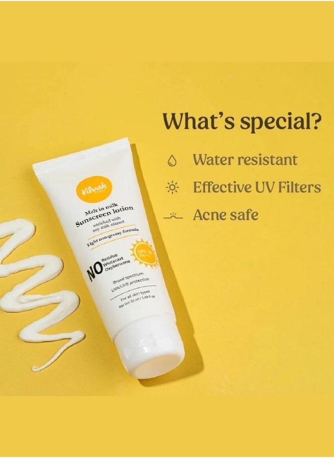 Melt In Milk Sunscreen Lotion SPF 50 PA+++ | No whitecast, residue and oxybenzone | Water Resistant and Acne Safe | enriched with soy milk extract - 60 ml
