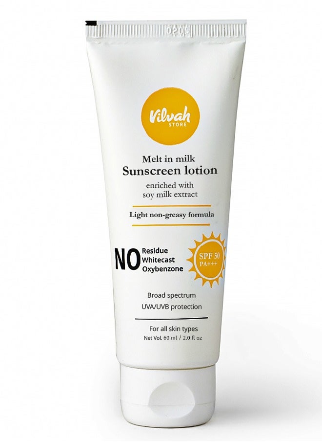 Melt In Milk Sunscreen Lotion SPF 50 PA+++ | No whitecast, residue and oxybenzone | Water Resistant and Acne Safe | enriched with soy milk extract - 60 ml 