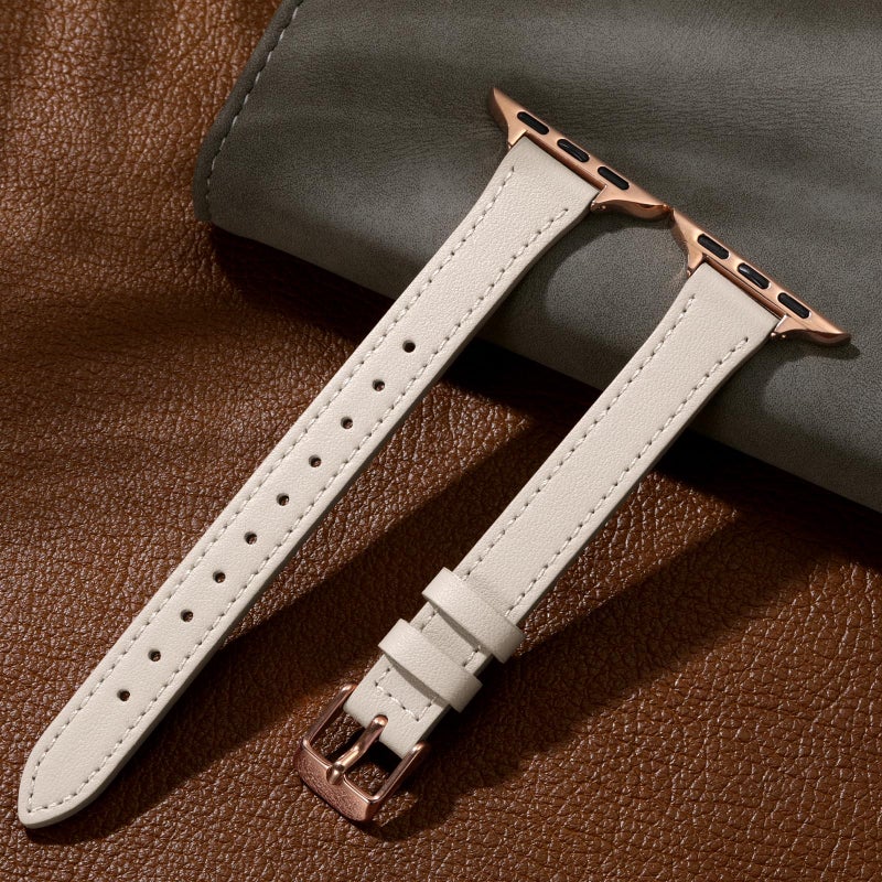 Charlam Slim Leather Band Compatible with Apple Watch Band 40mm 38mm 41mm 42mm 44mm 45mm 46mm Women,Top Grain Genuine Leather Strap Thin Wristband for iWatch Series 11 10 9 8 7 6 5 4 3 2 1 SE 3,Beige - Image 5