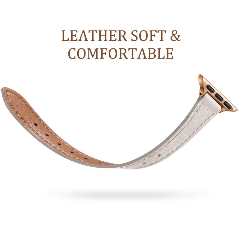Charlam Slim Leather Band Compatible with Apple Watch Band 40mm 38mm 41mm 42mm 44mm 45mm 46mm Women,Top Grain Genuine Leather Strap Thin Wristband for iWatch Series 11 10 9 8 7 6 5 4 3 2 1 SE 3,Beige - Image 3