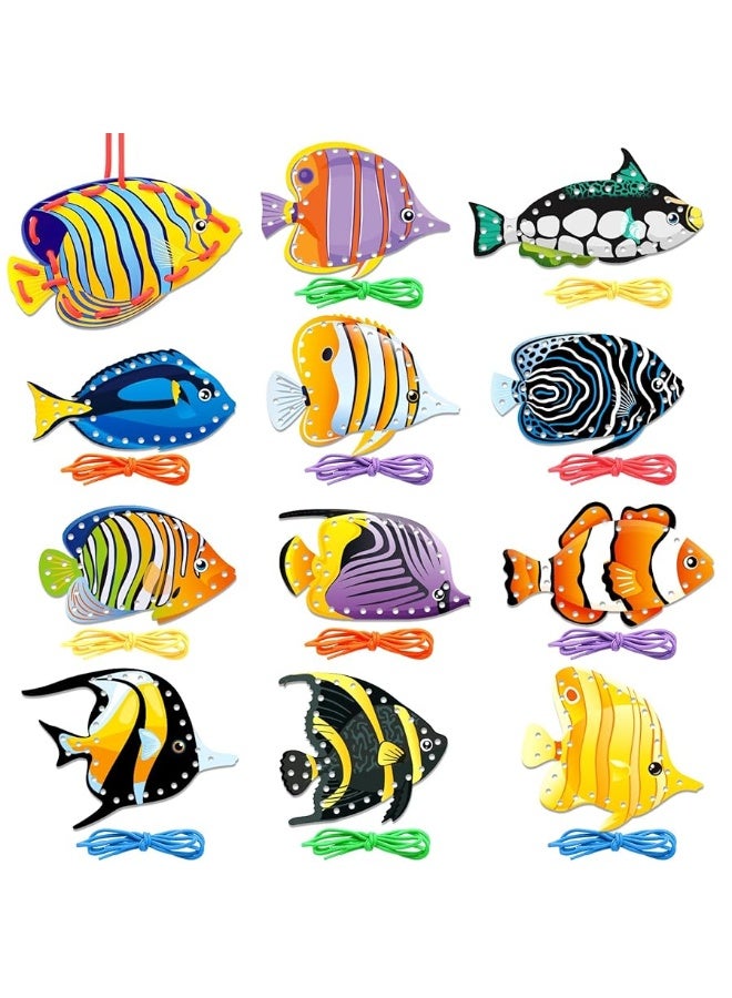 Omlisca Tropical Fish Lacing Cards 12 Pack Ocean Fish Sea Animals Double Sided Cards Sewing Games Ocean Theme Party Decorations for Preschool Home Developing Imagination Education Supplies - Image 1