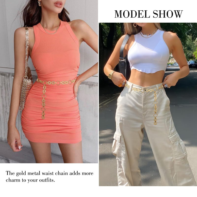 WHIPPY Metal Waist Chain Belt Women Adjustable Body Link Belts Ladies Fashion Chain for Jeans Dress, Gold Round M - Image 4