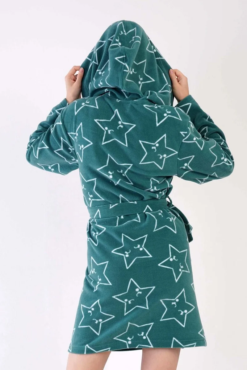 فينيتا Women's Fleece Hooded Short Green Dressing Gown C4T4N0O403