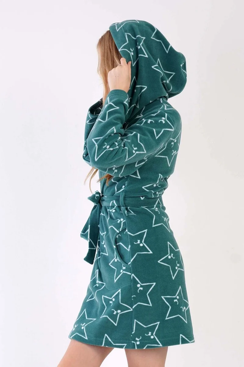 فينيتا Women's Fleece Hooded Short Green Dressing Gown C4T4N0O403