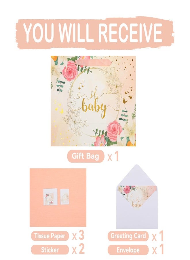 wishinside 13" Large Light Orange Gift Bag Set with Greeting Card and Tissue Paper (Gold Foil ‘Oh Baby’) for Baby Shower, Baby Girl or Boy, Girls' Birthday Party, Women's Valentine's Day - Image 3