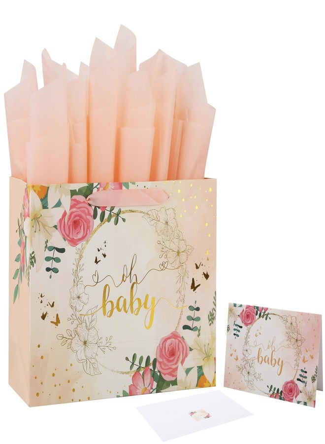 wishinside 13" Large Light Orange Gift Bag Set with Greeting Card and Tissue Paper (Gold Foil ‘Oh Baby’) for Baby Shower, Baby Girl or Boy, Girls' Birthday Party, Women's Valentine's Day - Image 1