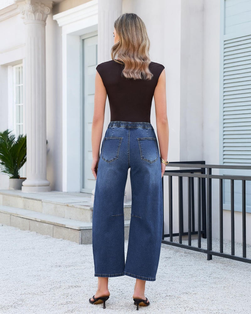 GRAPENT Jeans for Women Denim Outfit Baggy Womens Trendy Drawstring Pants Barrel Cropped Barrel Jeans, Classic Blue, S, US Size 4 to 6 - Image 3