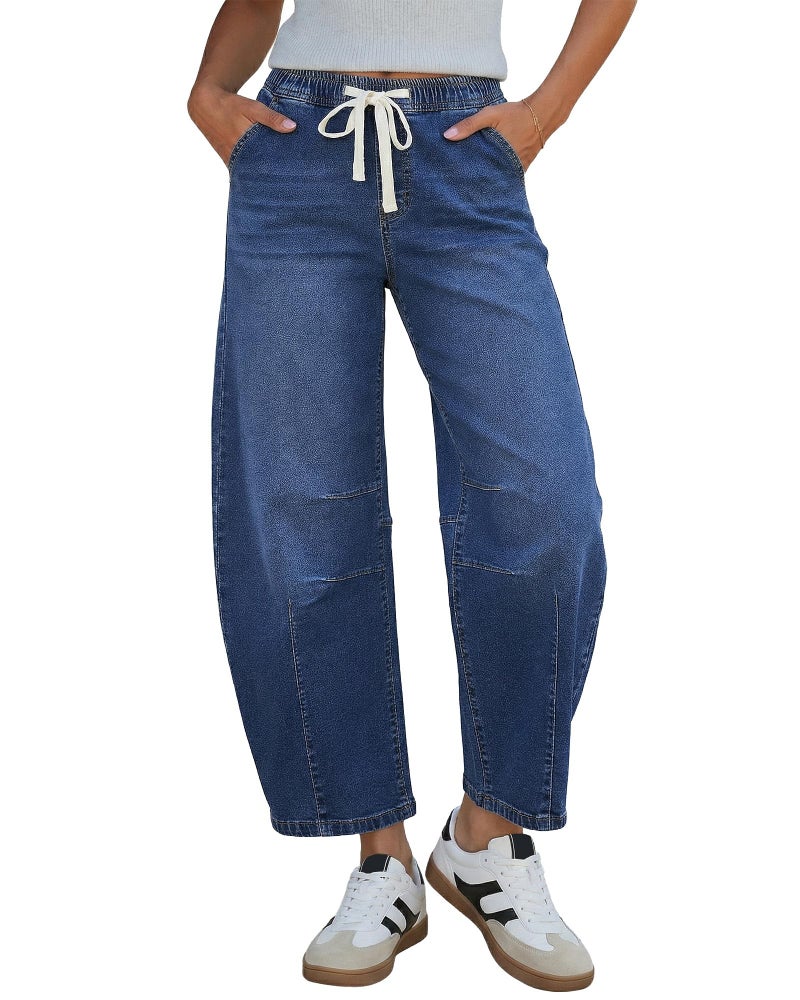 GRAPENT Jeans for Women Denim Outfit Baggy Womens Trendy Drawstring Pants Barrel Cropped Barrel Jeans, Classic Blue, S, US Size 4 to 6 - Image 1