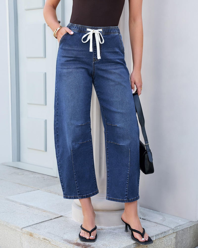GRAPENT Jeans for Women Denim Outfit Baggy Womens Trendy Drawstring Pants Barrel Cropped Barrel Jeans, Classic Blue, S, US Size 4 to 6 - Image 2
