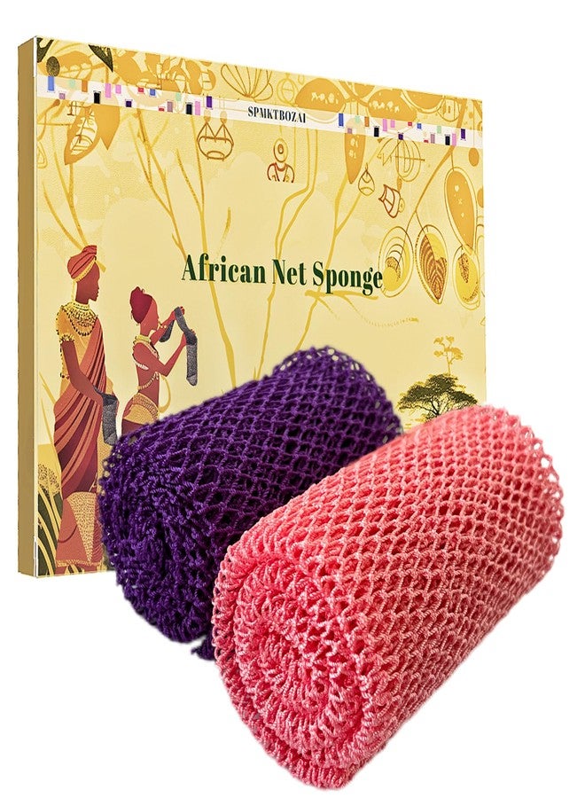 SPMKTBOZAI African Net Sponge Authentic, 2 Pieces African Exfoliating Sponge Real African Net Black Owned, African Bath Sponge Back Scrubber, Body Exfoliator Shower Bath Accessories (Purple, Pink) - Image 1