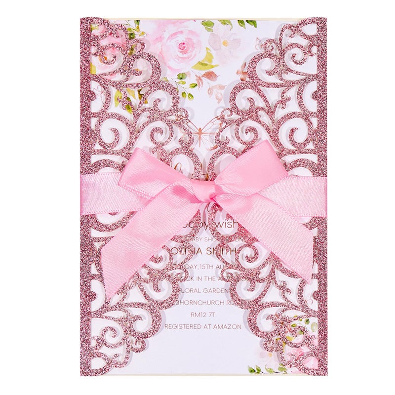 Mabbcoo 50Pcs Pink Glitter Wedding Invitations With Envelopes and RSVP Cards and Pink Ribbon Laser Cut Invitation Kits For Wedding Bridal Shower Quinceanera Invite
