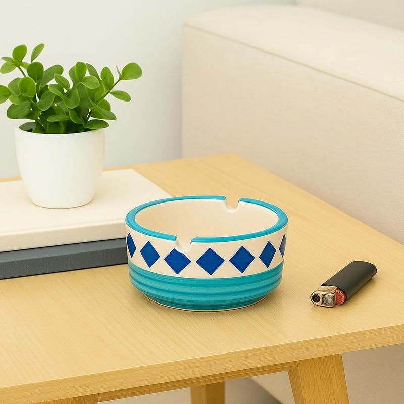 Kittens Ceramic Ashtray for Smoking – Hand-Painted Blue Diamond Pattern, Set of 1 | Ash Tray for Home, Tabletop, Outdoor Use | Unique Ash Tray Gift for Smokers, Men & Women - Image 1