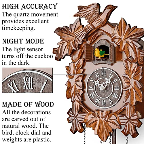 TIMEGEAR Cuckoo Clock with Night Mode, Hand Carved Decorations and Swinging Pendulum (Brown) - Image 2