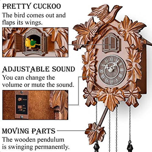 TIMEGEAR Cuckoo Clock with Night Mode, Hand Carved Decorations and Swinging Pendulum (Brown) - Image 3
