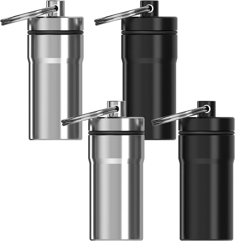 Adorila 4 Pack Ear Plug Carrying Case, Portable Ear Plug Holder with Keychain, Waterproof Metal Ear Bud Carrying Case (Black & Silver)