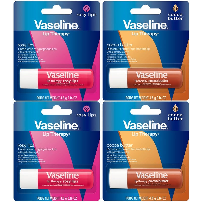 Vaseline Lip Therapy Variety 4-Pack â€“ Rosy Lips + Cocoa Butter Moisturizing Lip Balm with Vitamin E, 0.16 Oz Ea - Image 1