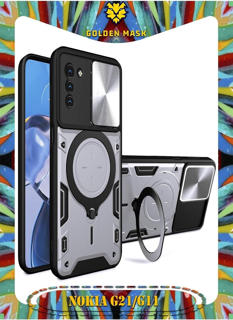 جولدن ماسك - جولدن ماسك لهاتف نوكيا جى 21/ جى 11 (Nokia G21/G11) جراب حماية مع باب جرار لحماية عدسة  الكاميرا المدرعة مدمج بزاوية 360 درجة - (فضى) - Image 1