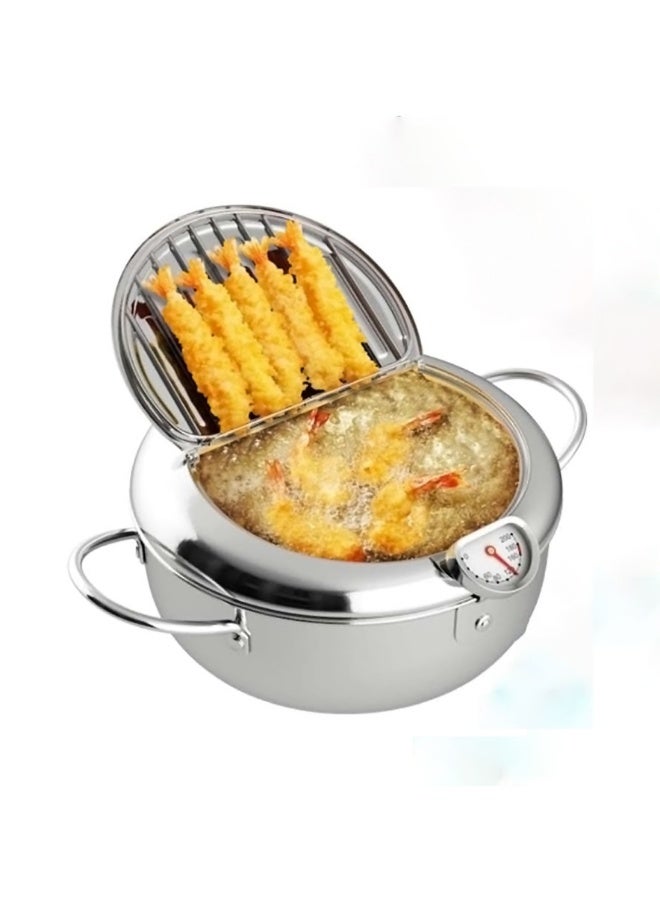 Deep Fryer Pot, 3.2 L Style Tempura Frying Pot with Lid, 304 Stainless Steel with Temperature Control and Oil Drip Drainer Rack, for Kitchen French Fries, Chicken etc ﻿ - Image 1