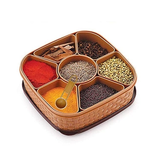 NIXY SERIES MASALA RANGOLI BOX DABBA FOR KEEPING SPICES | SPICE BOX FOR KITCHEN | PLASTIC WOODEN STYLE MASALA BOX | MASALA CONTAINER | MASALA DABBA (BROWN, GREY, CREAM & BEIGE)