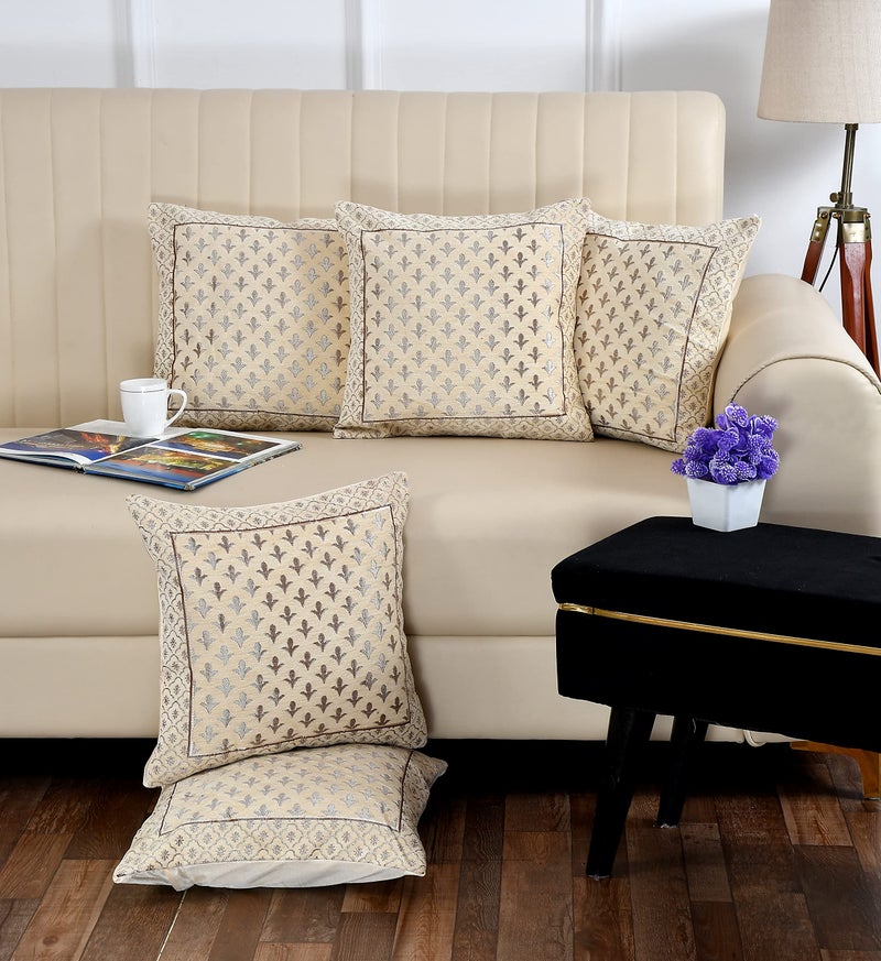LOOMLYFE Jacquard Geomteric Cushion Covers 16 Inch X 16 Inch Set Of 5 Ethnic Motifs 240 TC Cushion Covers,Design- Star,Color- Cream - Image 1