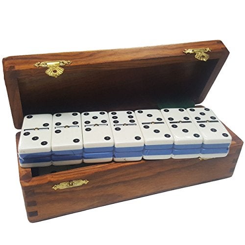 Marion Domino Double Six Two Tone Blue White Jumbo Tournament Professional Size with Spinners in Dovetail Sheesham Wood Box - Image 1