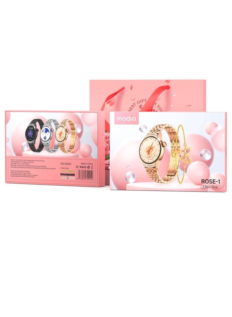 modio - Smart Watch Rose-1 For Women with 3 Pairs Strap and Bracelet Embroidered and Wireless Charging Multicolour - Image 1