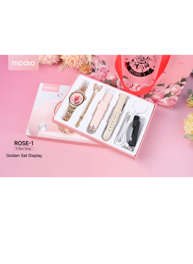 modio - Smart Watch Rose-1 For Women with 3 Pairs Strap and Bracelet Embroidered and Wireless Charging Multicolour - Image 1