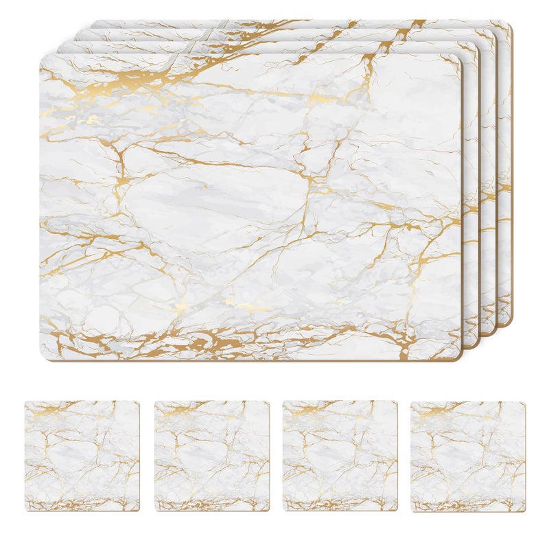 Moderry Set of 4 Heat Resistant Cork Placemats for Dining Table with Free Set of 4 Matching Drink Coasters Marble Design 16 x 12 Inches Cork Backed Hard Placemats Foiled Gold