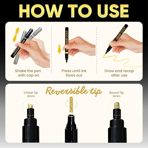 COORIART 3PK Permanent Mirror Chrome Gold Markers – Metallic Gold Paint Pens for Metal, Plastic, Fabric, Jewelry, Model Painting, Touch-Up and Repair Kit, Set of 3 Tips (0.7mm, 1mm, 3mm) - Image 3